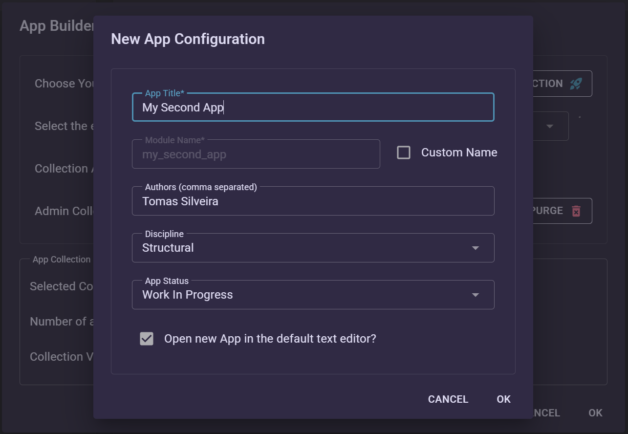 App Builder add new app form