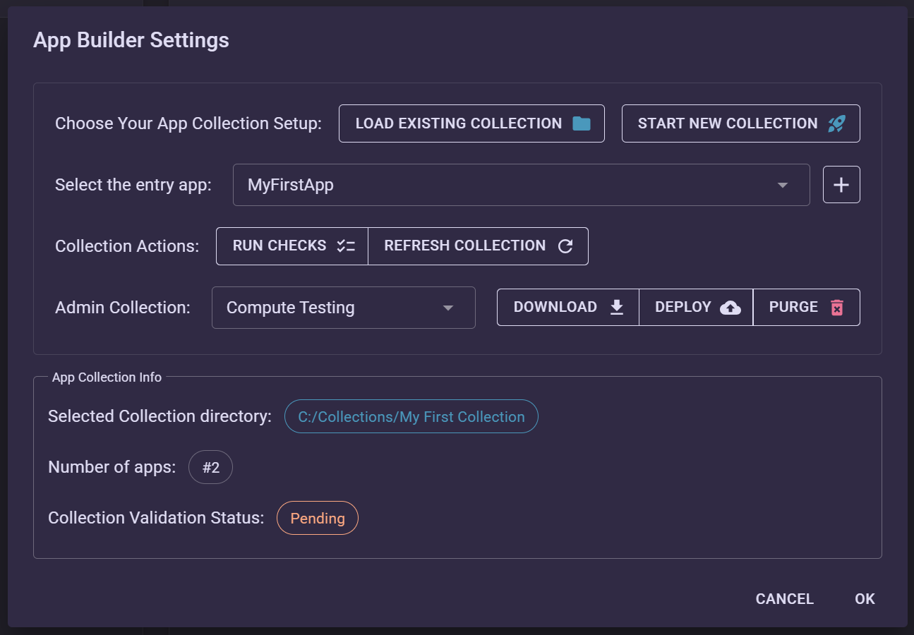 App Builder settings start dialog