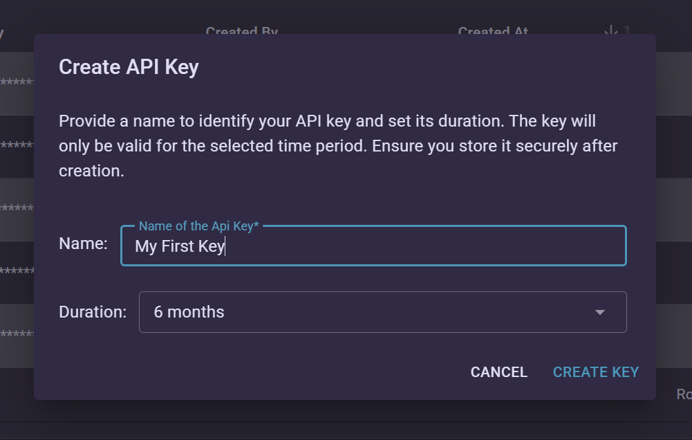 API keys create new key form