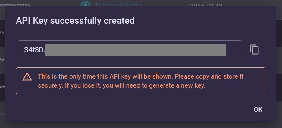 API keys create new key success dialog