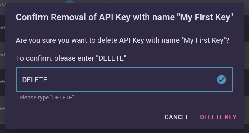 API keys delete form