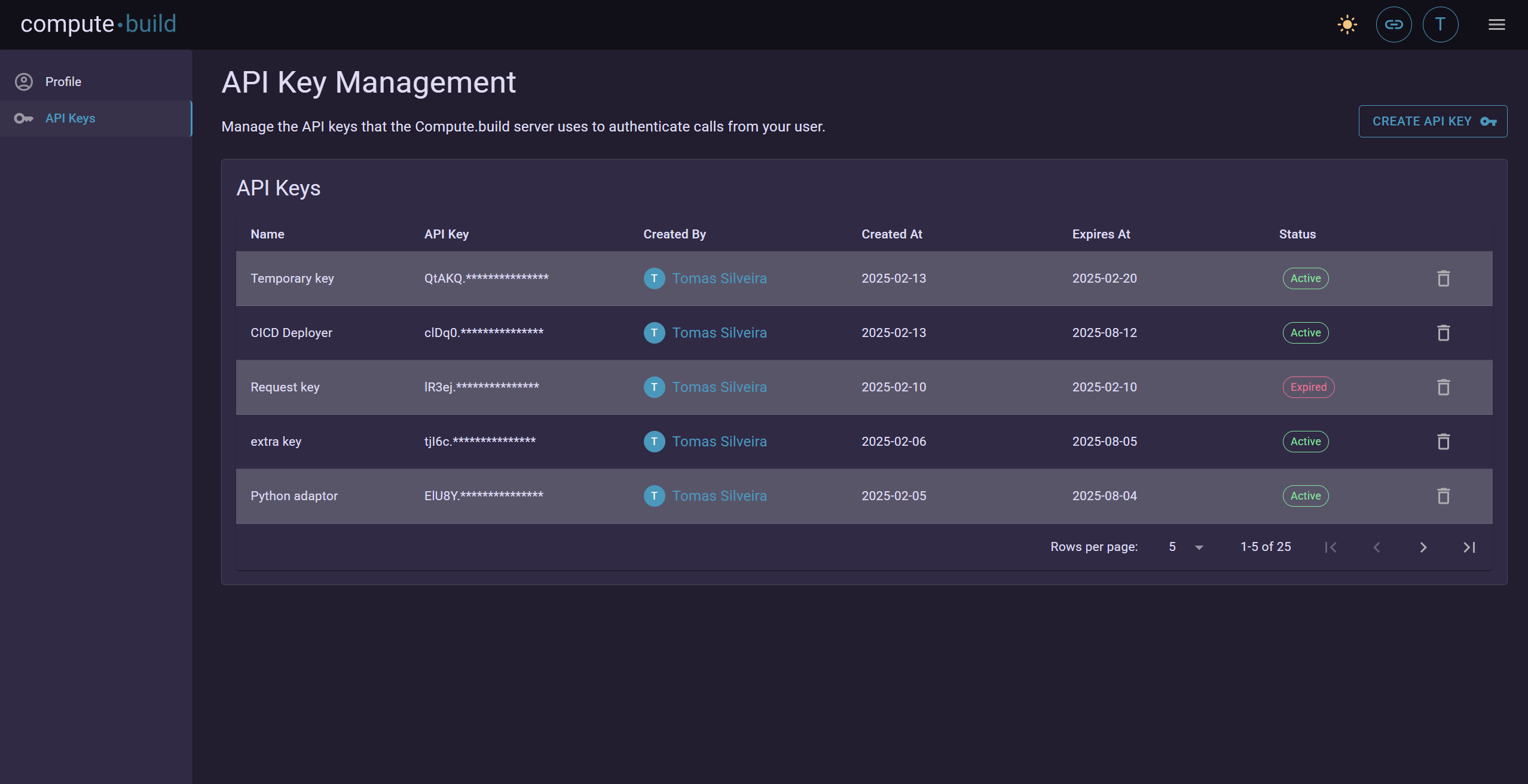 Settings page api keys