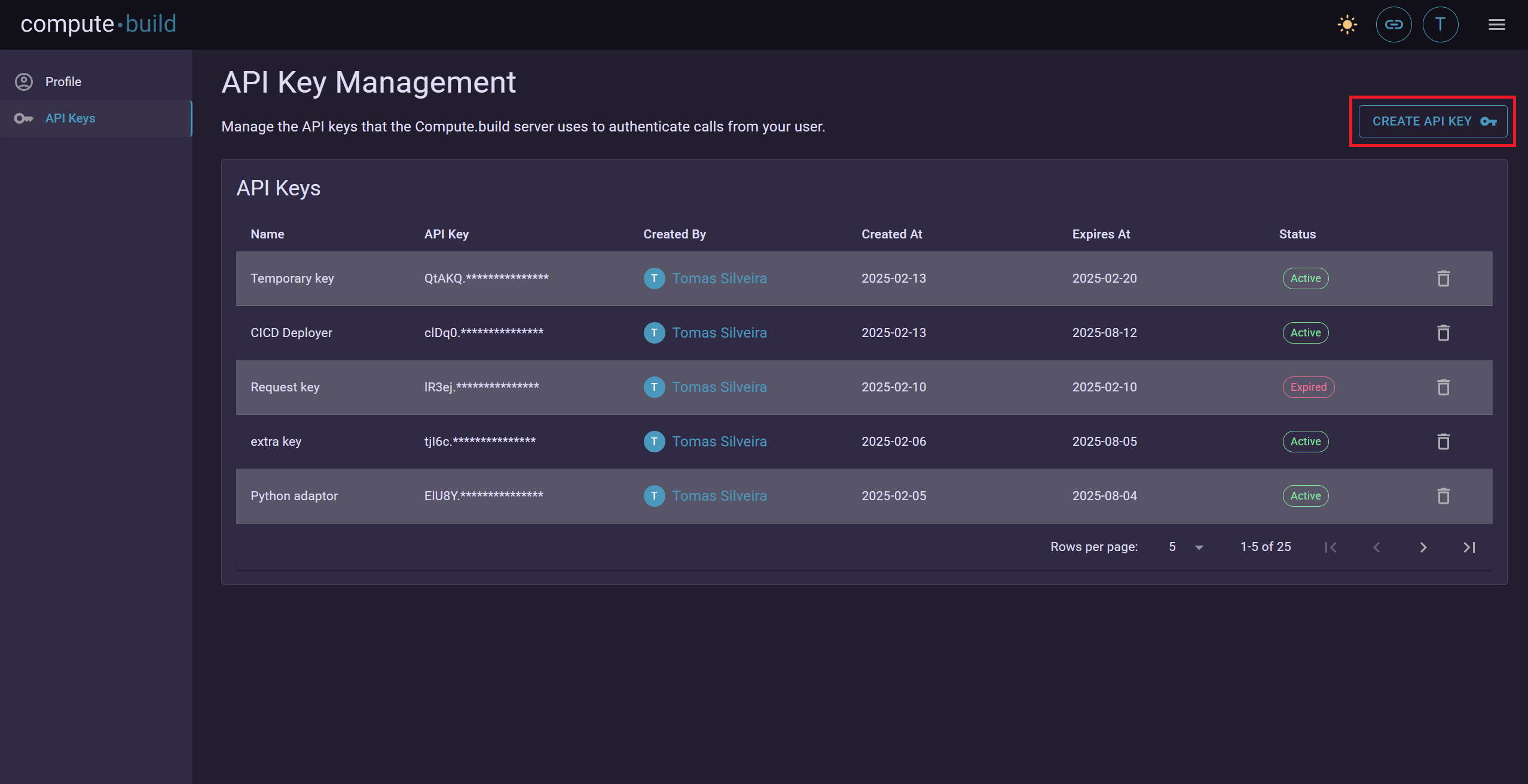 API keys create new key button